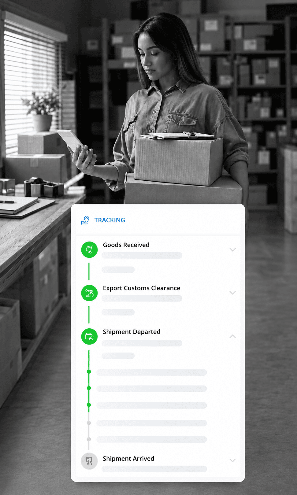 Grayscale shipment tracking with stacked boxes Grayscale shipment tracking with stacked boxes