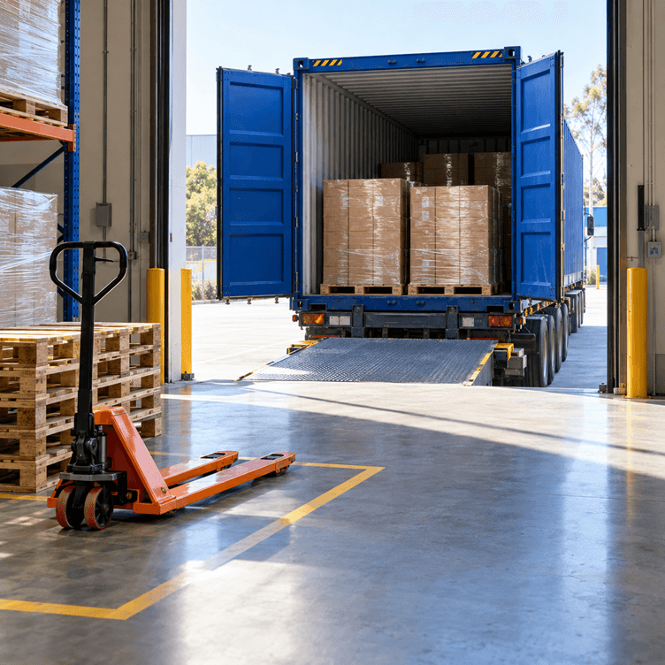Sunlit warehouse dock ready for ocean freight Sunlit warehouse dock ready for ocean freight